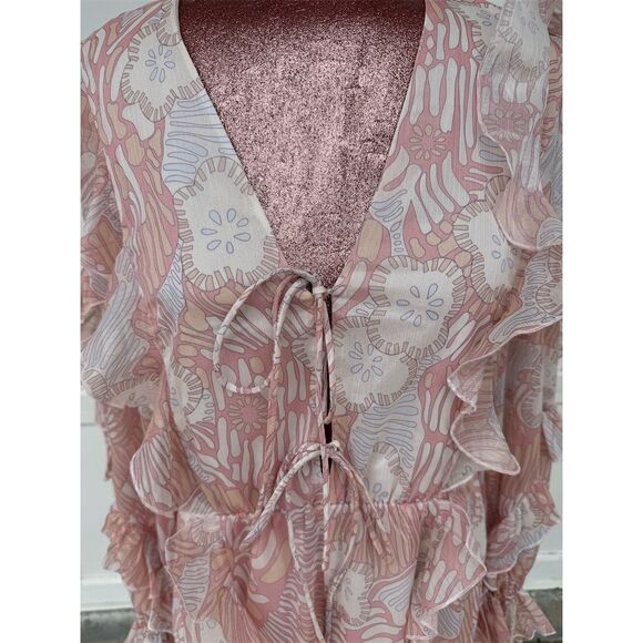 Ted Baker London BoHo Floral Ruffle Long Sleeve Romper Coral Size 6-8 V-Neck - Picture 3 of 10